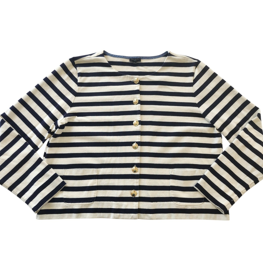 Talbots Petite Navy White Striped Gold Button Front Cardigan Sweater Jacket XL